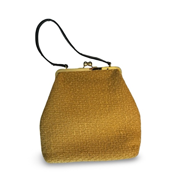 Glenda Gies Kiss-lock Gold/Brown Tweed Harvest Gold 60s Barkcloth interior purse - Picture 2 of 10